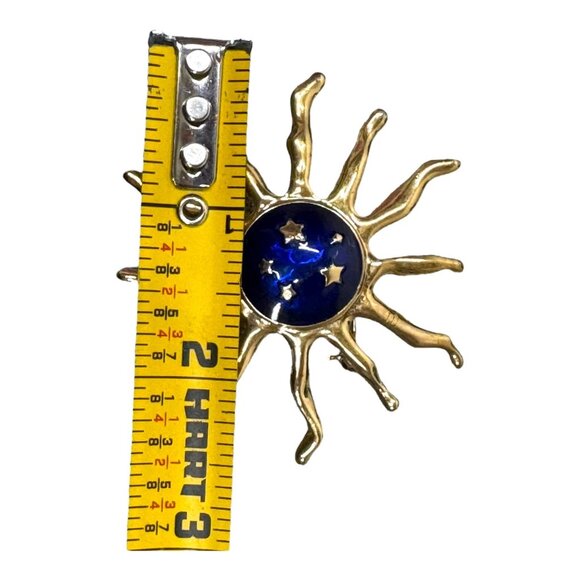 Celestial Witch Goth Gold-Tone Sunburst Brooch Blue Enamel Center & Star Accents - Picture 3 of 5